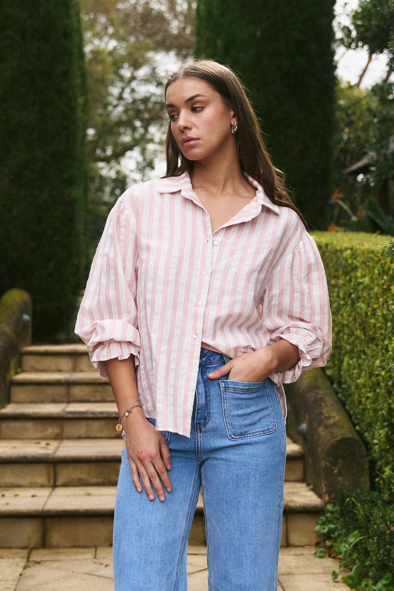 Connection  Button Front Blouse - Pink Stripe