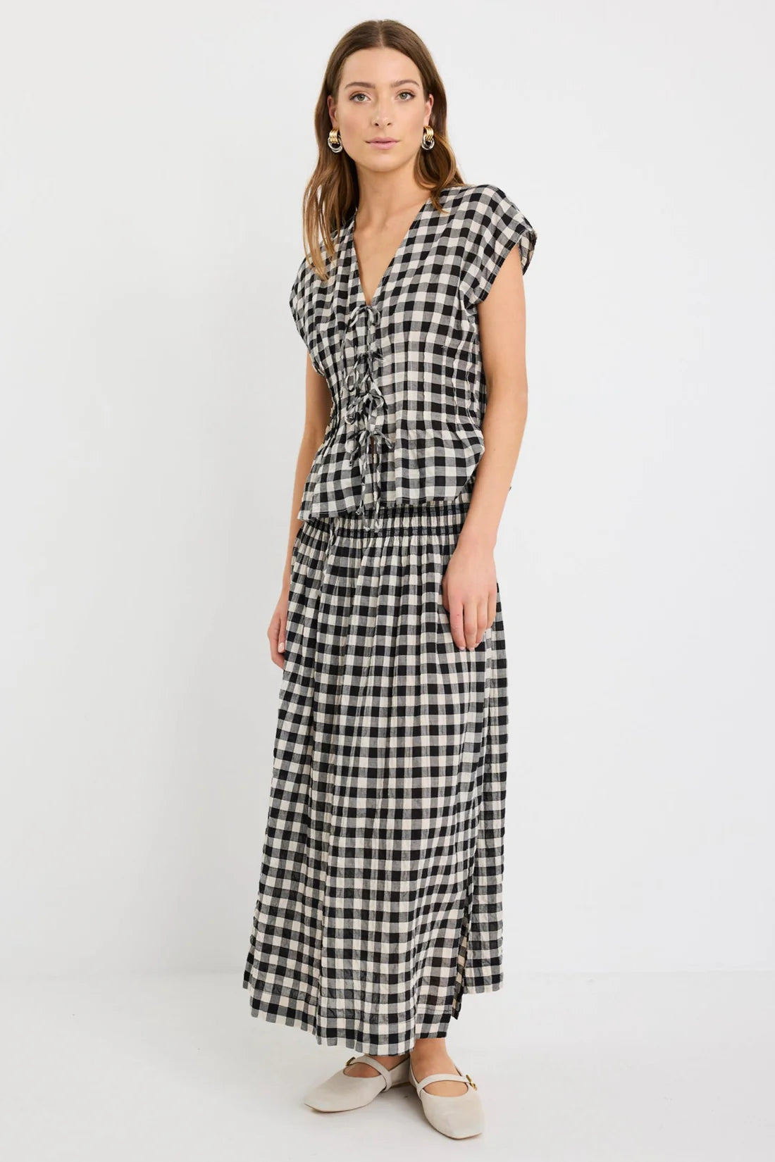 Cheerful Black Gingham Cotton Shirred Waist Maxi Skirt