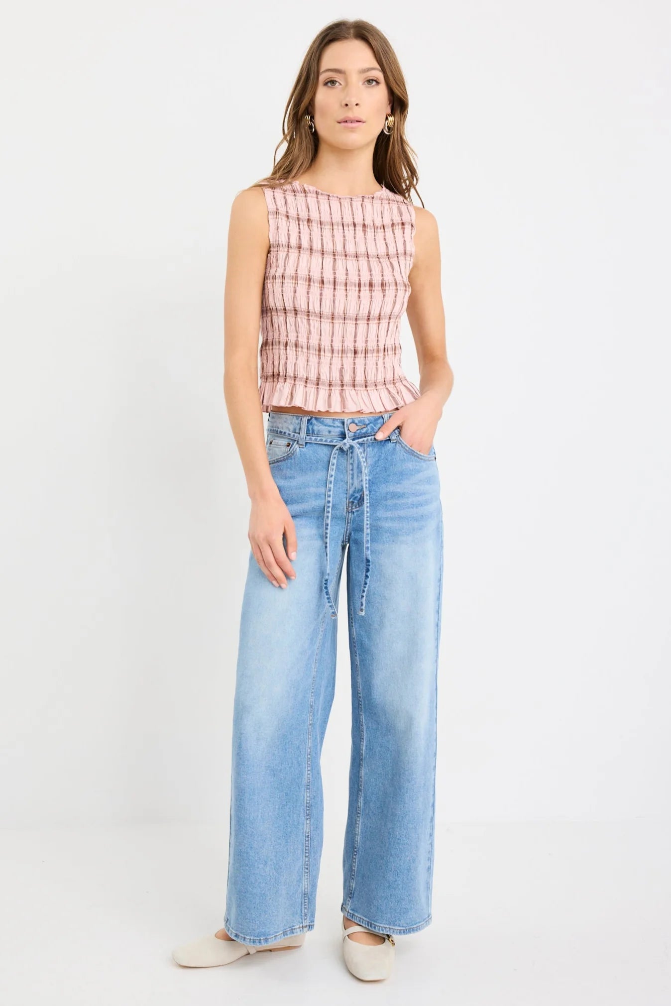 Forsaken Blush Check Shirred Sleeveless Shell Top - Blush Check