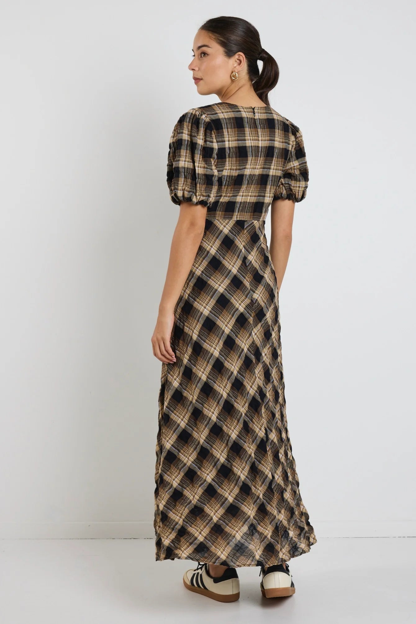 Encore Caramel Check SS Bias Maxi Dress