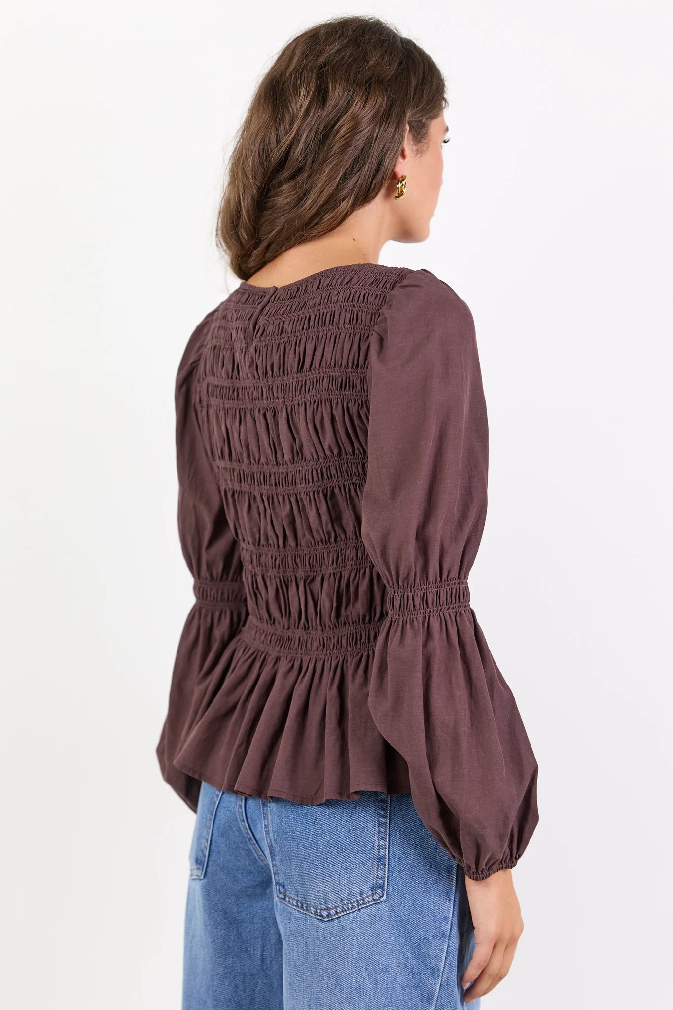 Required Chocolate LS Shirred Bodice Top