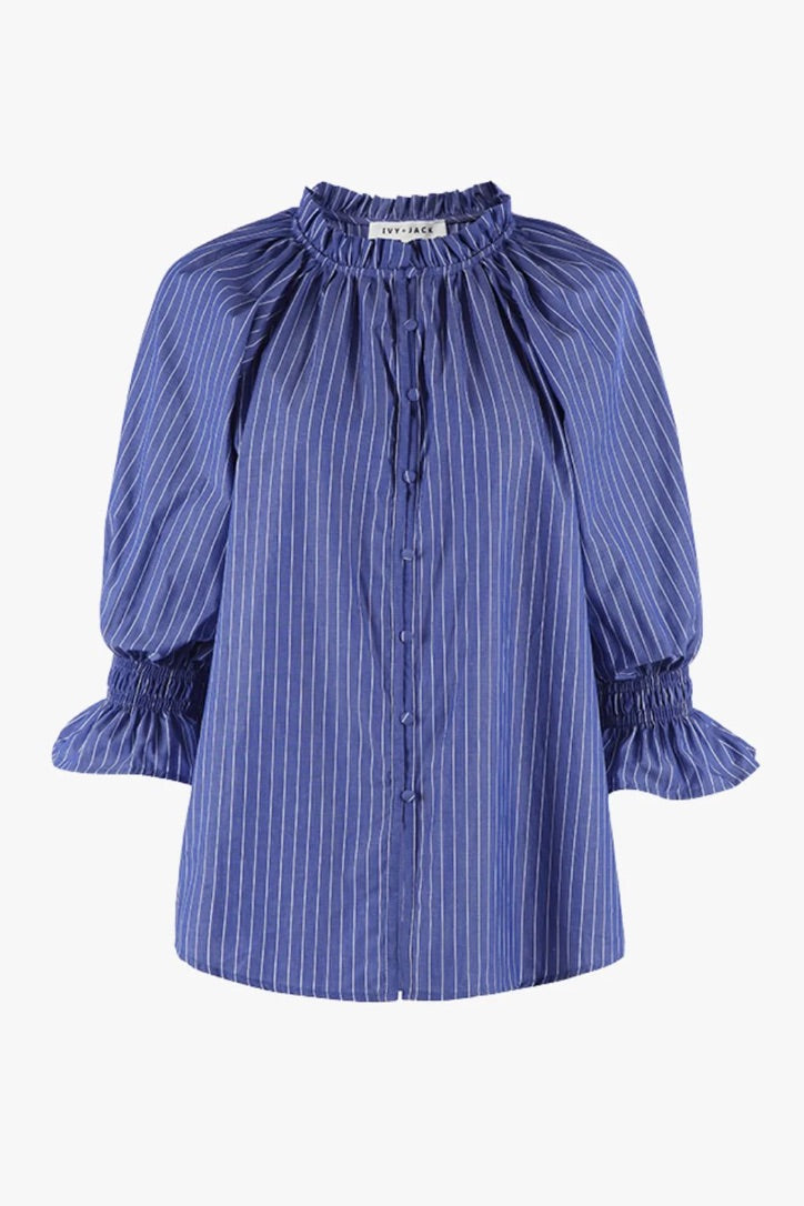 Noetic Dark Blue Stripe Short Sleeve Blouse