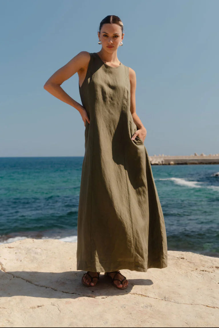 Easygoing Soft Khaki Linen Blend Sleeveless Crew Neck Midi Dress