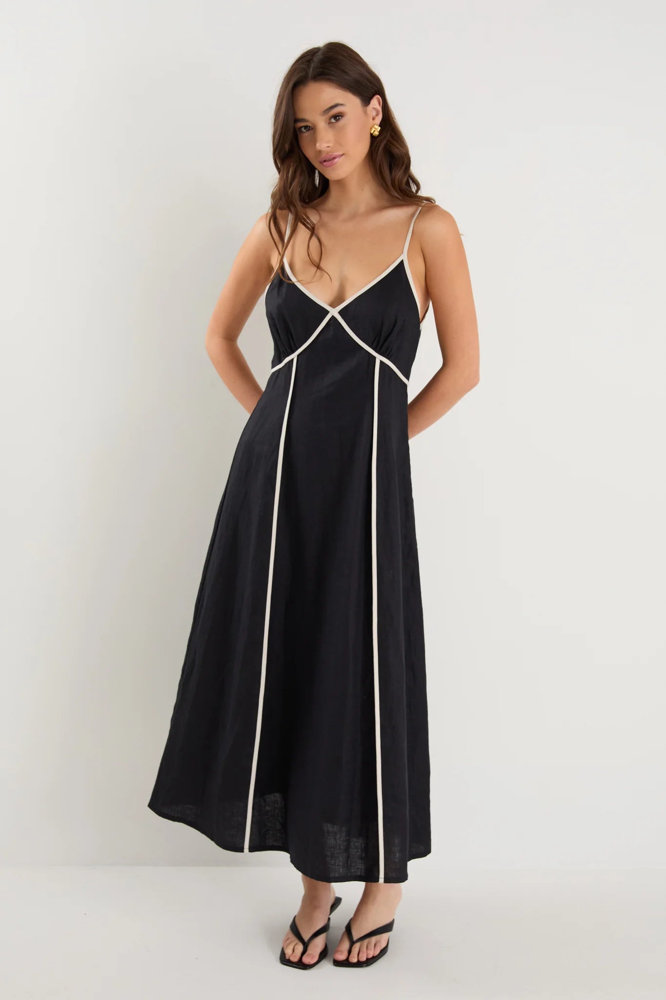 Marine Black Natural Contrast Linen Strappy Maxi Dress
