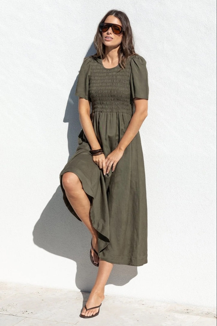 Wren Dark Olive Linen Blend SS Shirred Bodice Midi Dress