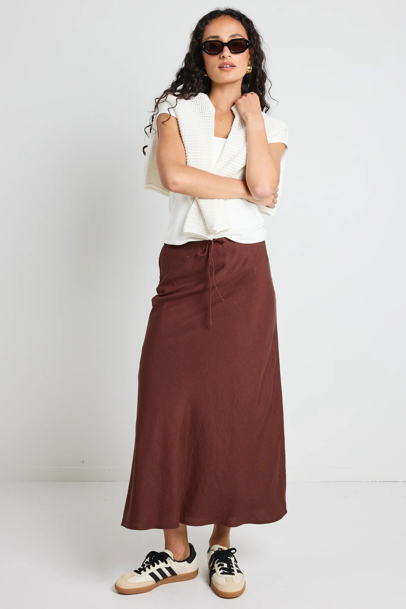 Summit Chocolate Tie Waist Bias Maxi Skirt
