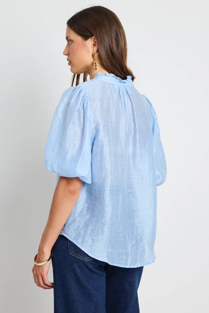 Closure Pale Blue Sheer High Neck Buttoned Top