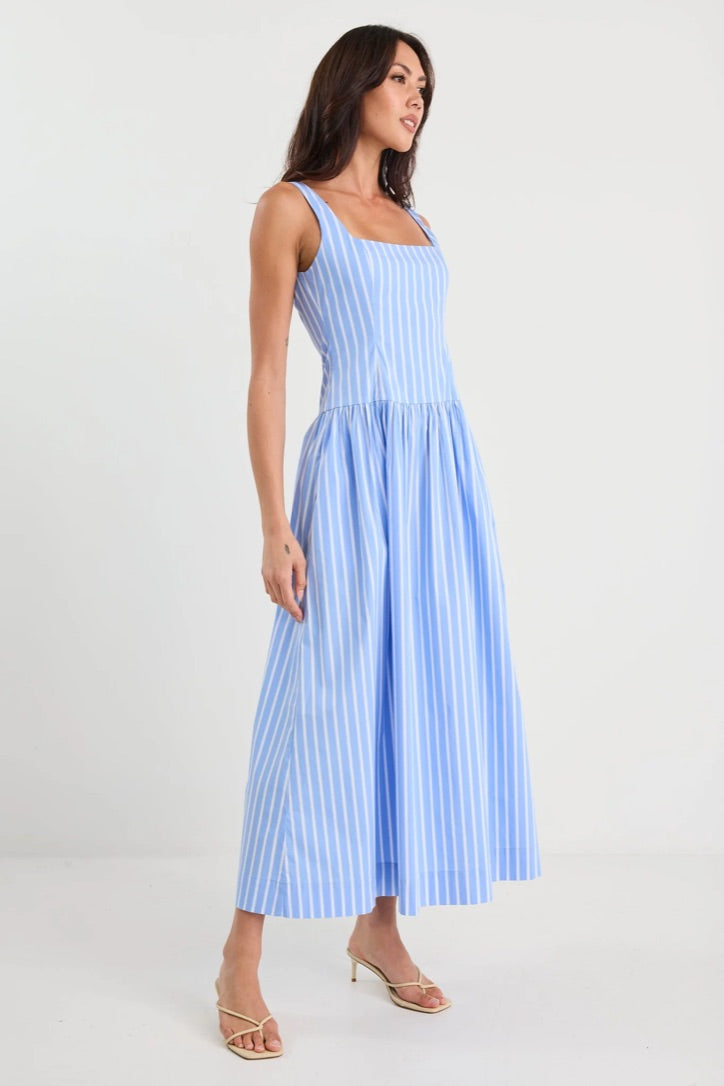 Gilded Blue Stripe Sleeveless Square Neck Maxi Dress
