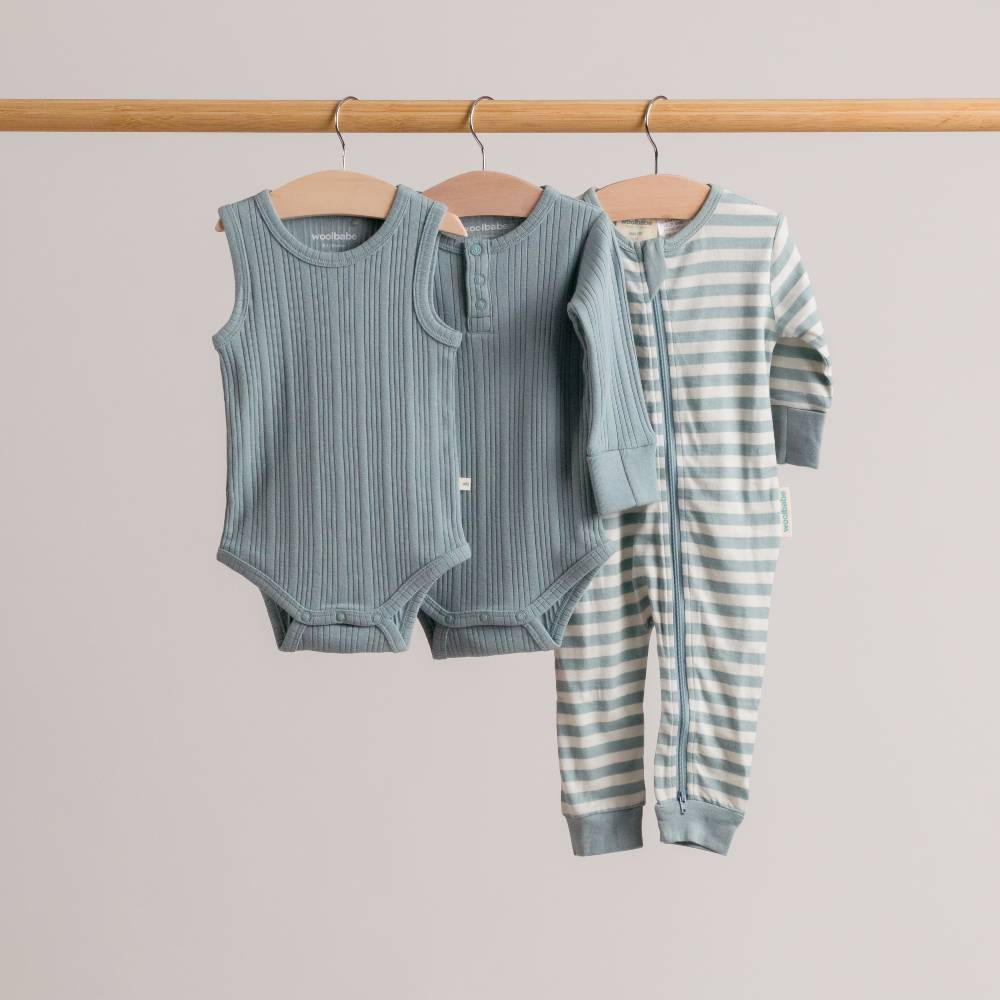Woolbabe Merino/Organic Cotton Long Sleeve Henley Bodysuit - Tide Marl