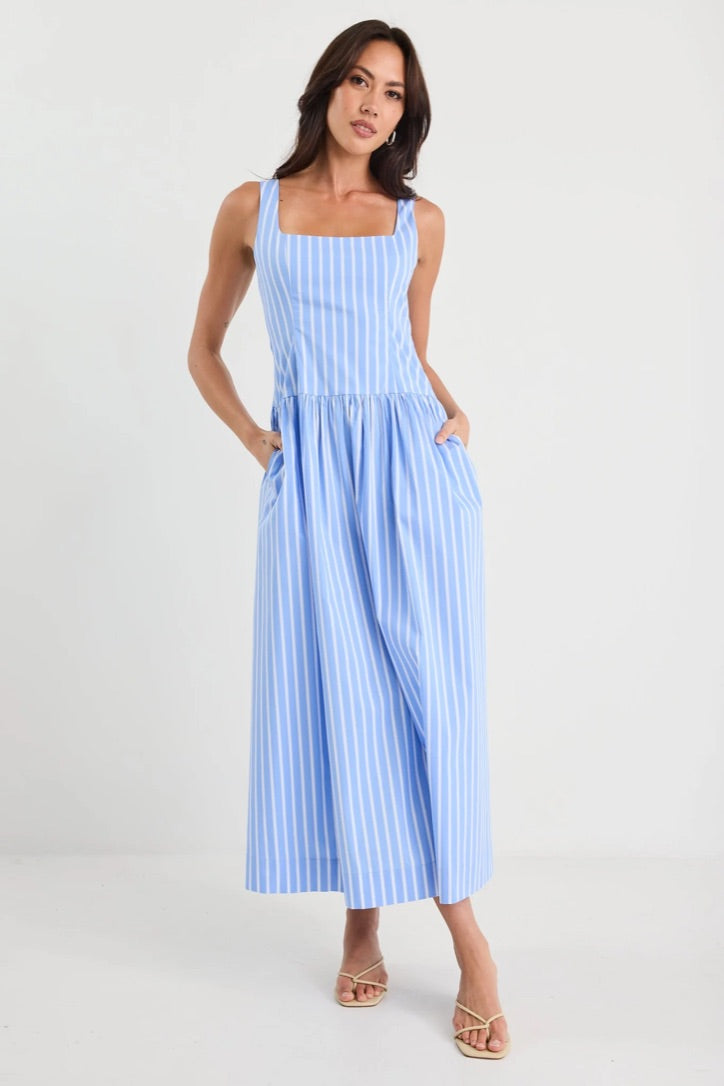 Gilded Blue Stripe Sleeveless Square Neck Maxi Dress