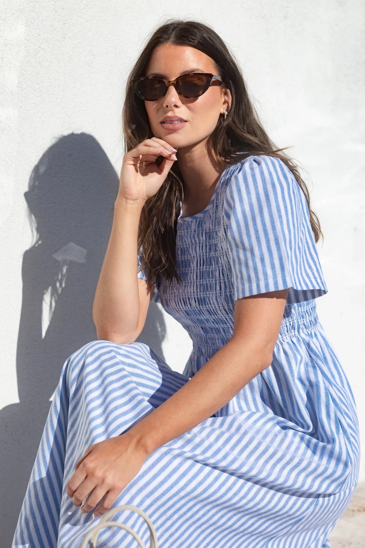 Wren blue stripe shirred bodice midi dress