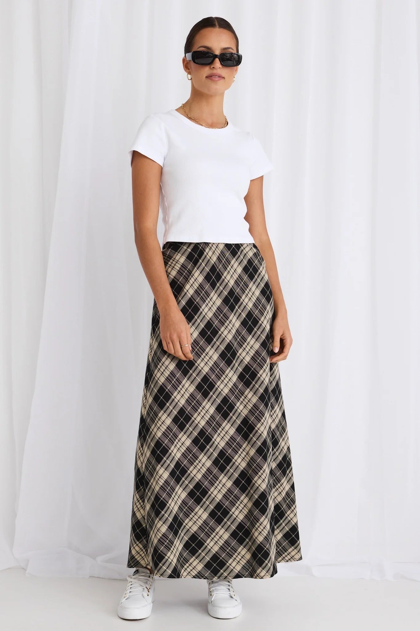 Breathe Black Check Bias Maxi Skirt