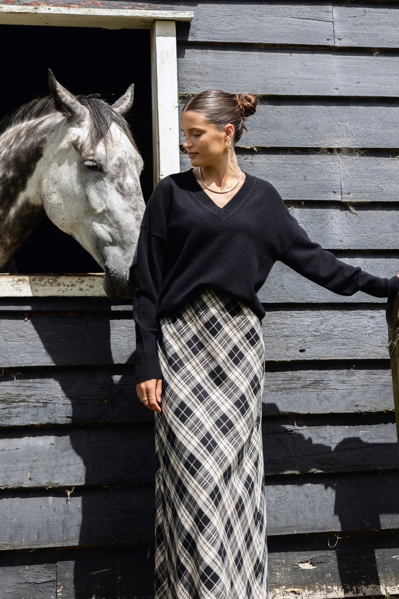 Breathe Black Check Bias Maxi Skirt