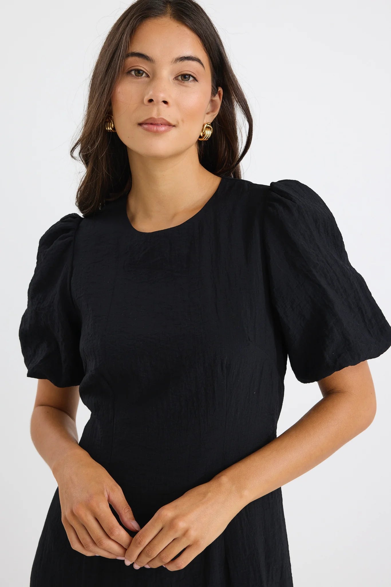 Elder Black Short Puff Sleeve Tie Midi Dress
