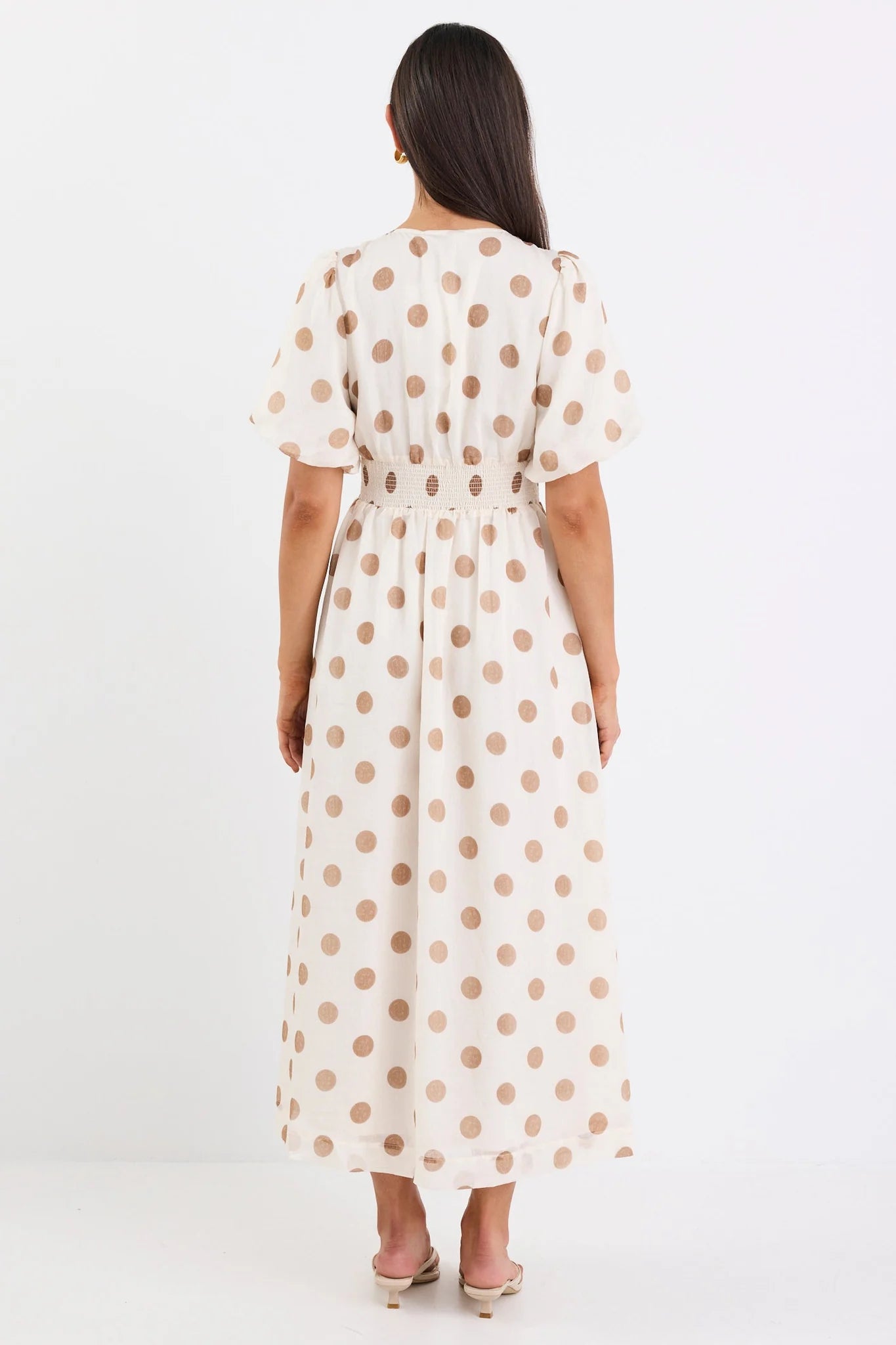 Lisbon Copper Polka Dot Puff Sleeve Midi Dress