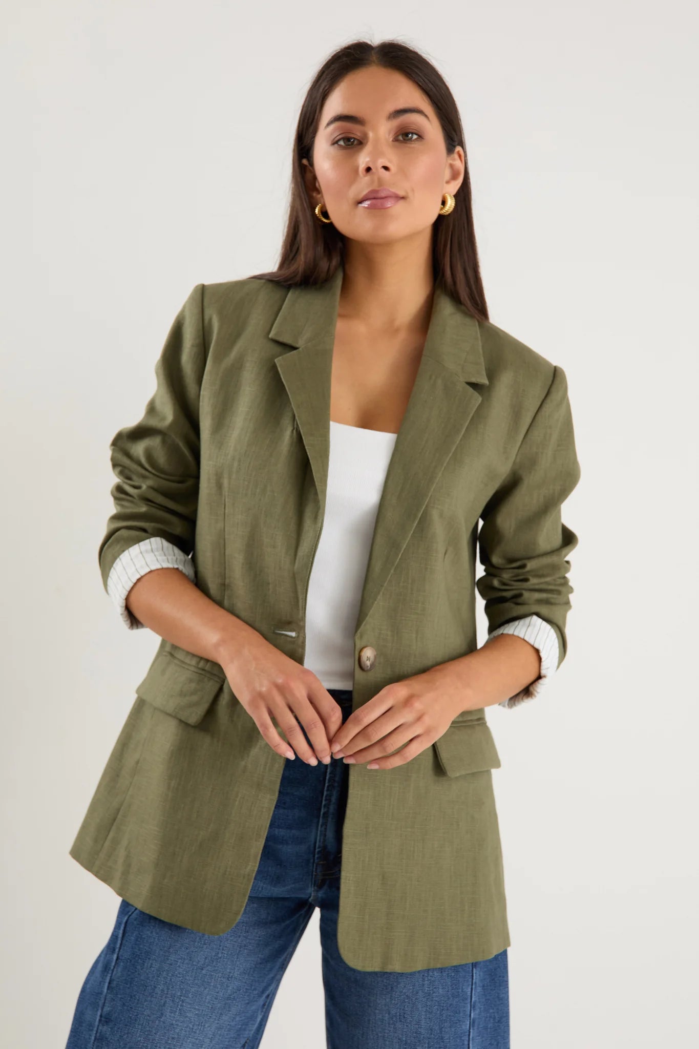 Ramie Rolled Sleeve Blazer - Soft Khaki