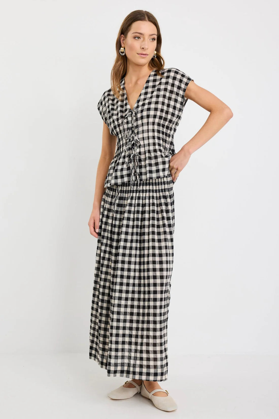 Cheerful Black Gingham Cotton Shirred Waist Maxi Skirt