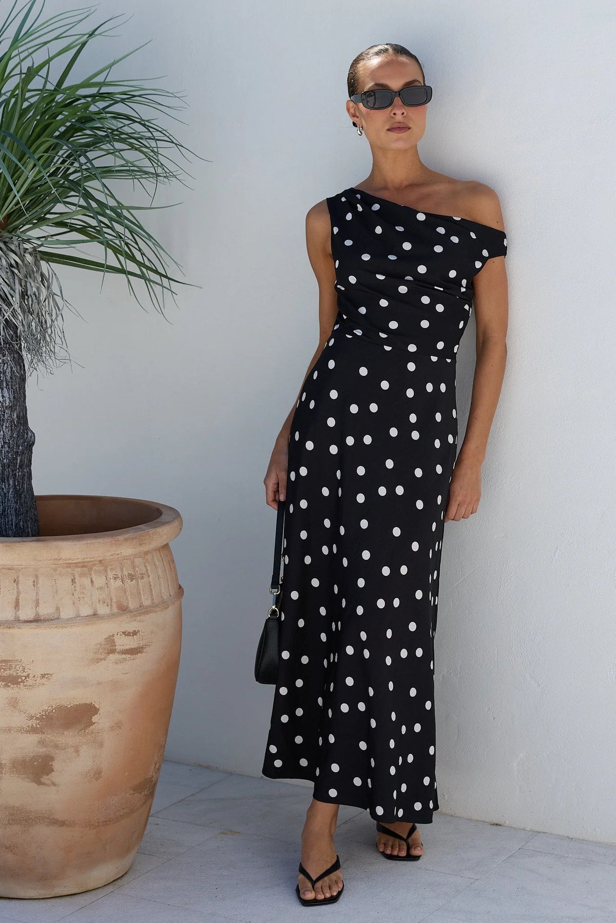 Spotlight Black Polka Dot Off Shoulder Flare Midi Dress