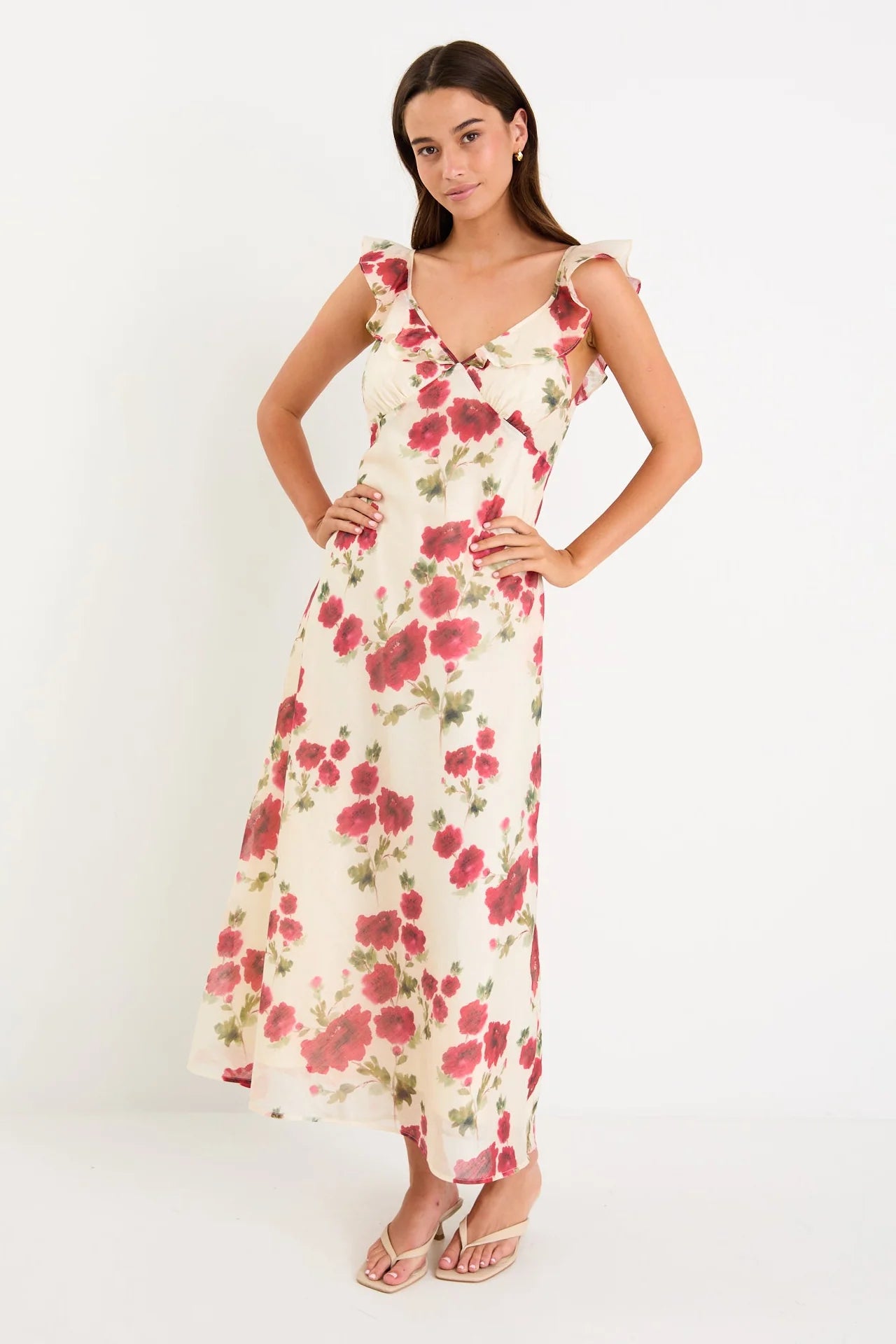 Amusing Cream Red Rose Bias Slip Maxi Dress
