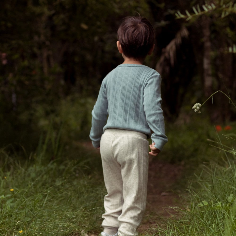 Woolbabe Merino/Organic Cotton Long Sleeve Henley Bodysuit - Tide Marl