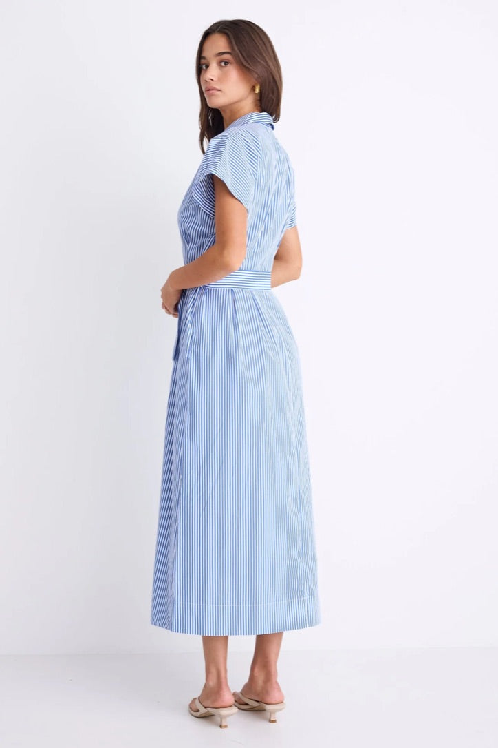 Camden Bright Blue Stripe Short Sleeve Pleated Midi Shirt Dress