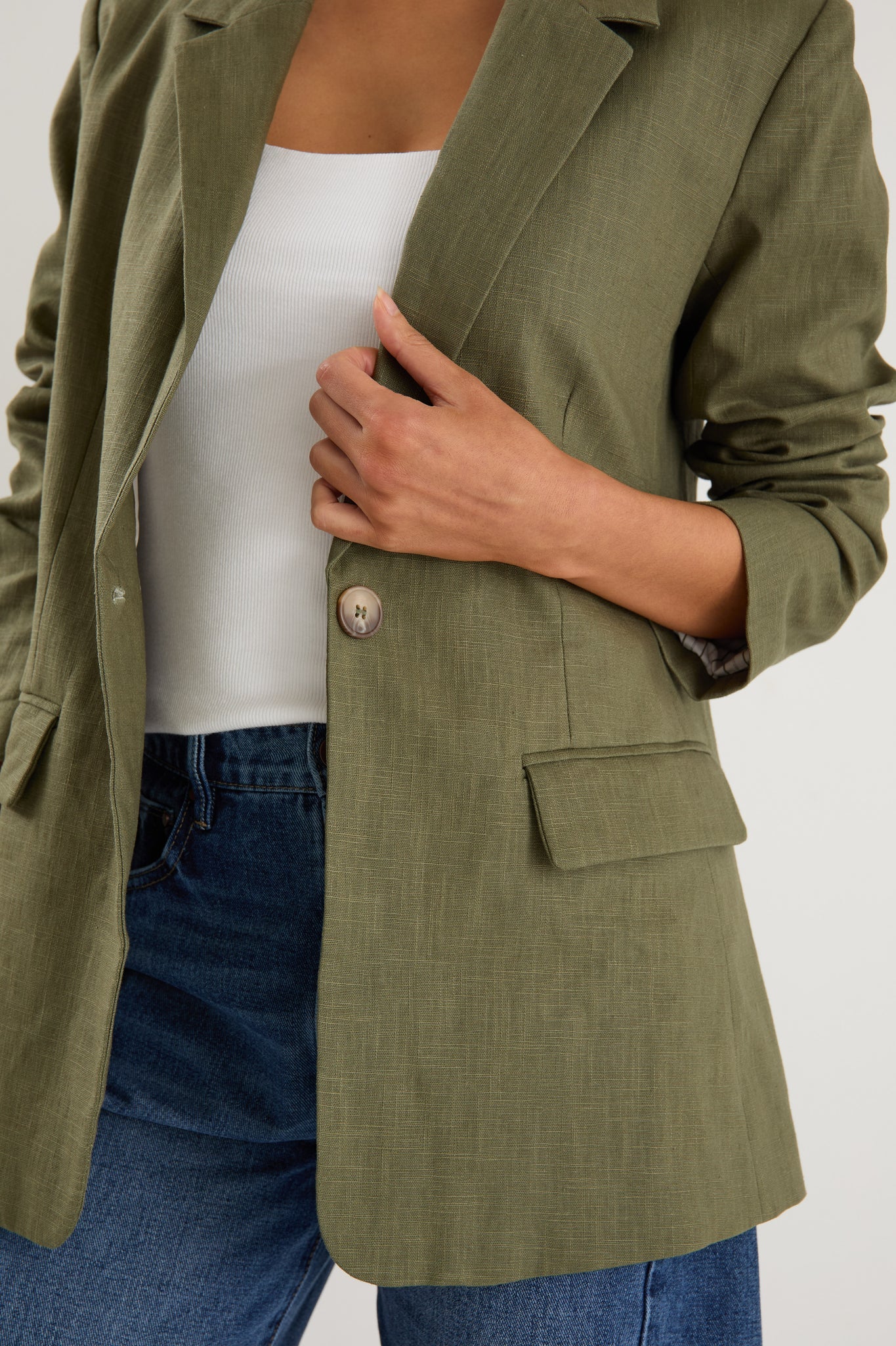 Ramie Rolled Sleeve Blazer - Soft Khaki