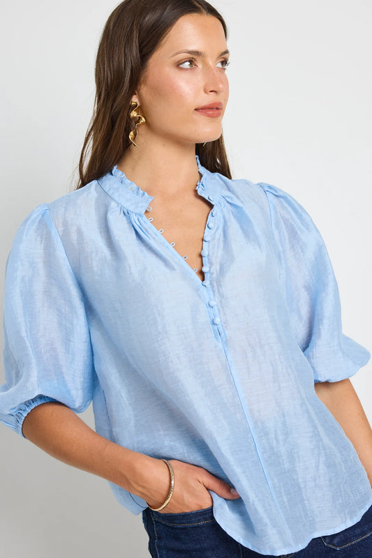 Closure Pale Blue Sheer High Neck Buttoned Top