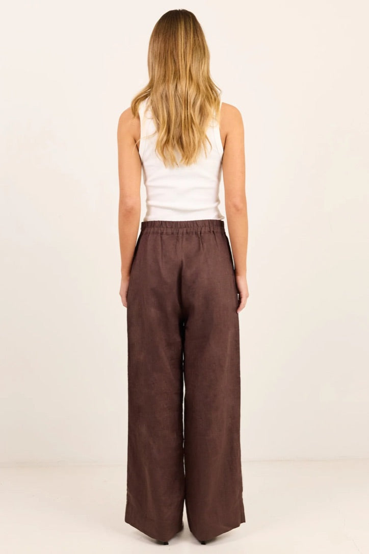 Curator Dark Chocolate Linen Pleat Front Wide Leg Pants