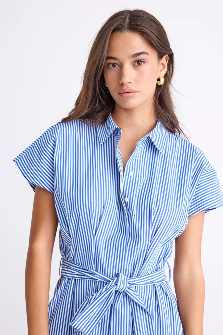 Camden Bright Blue Stripe Short Sleeve Pleated Midi Shirt Dress