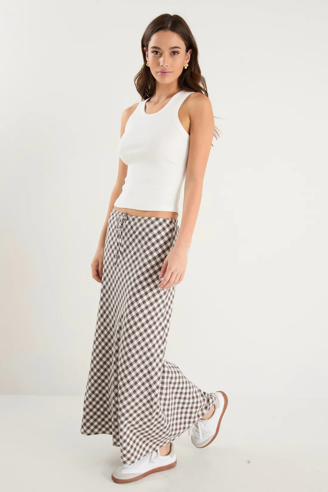 Summit Chocolate Gingham Viscose Cotton Tie Waist Bias Maxi Skirt
