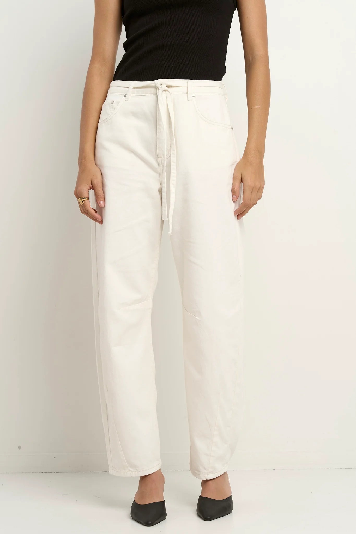 Campus Ecru Tie Waist Barrel Jeans