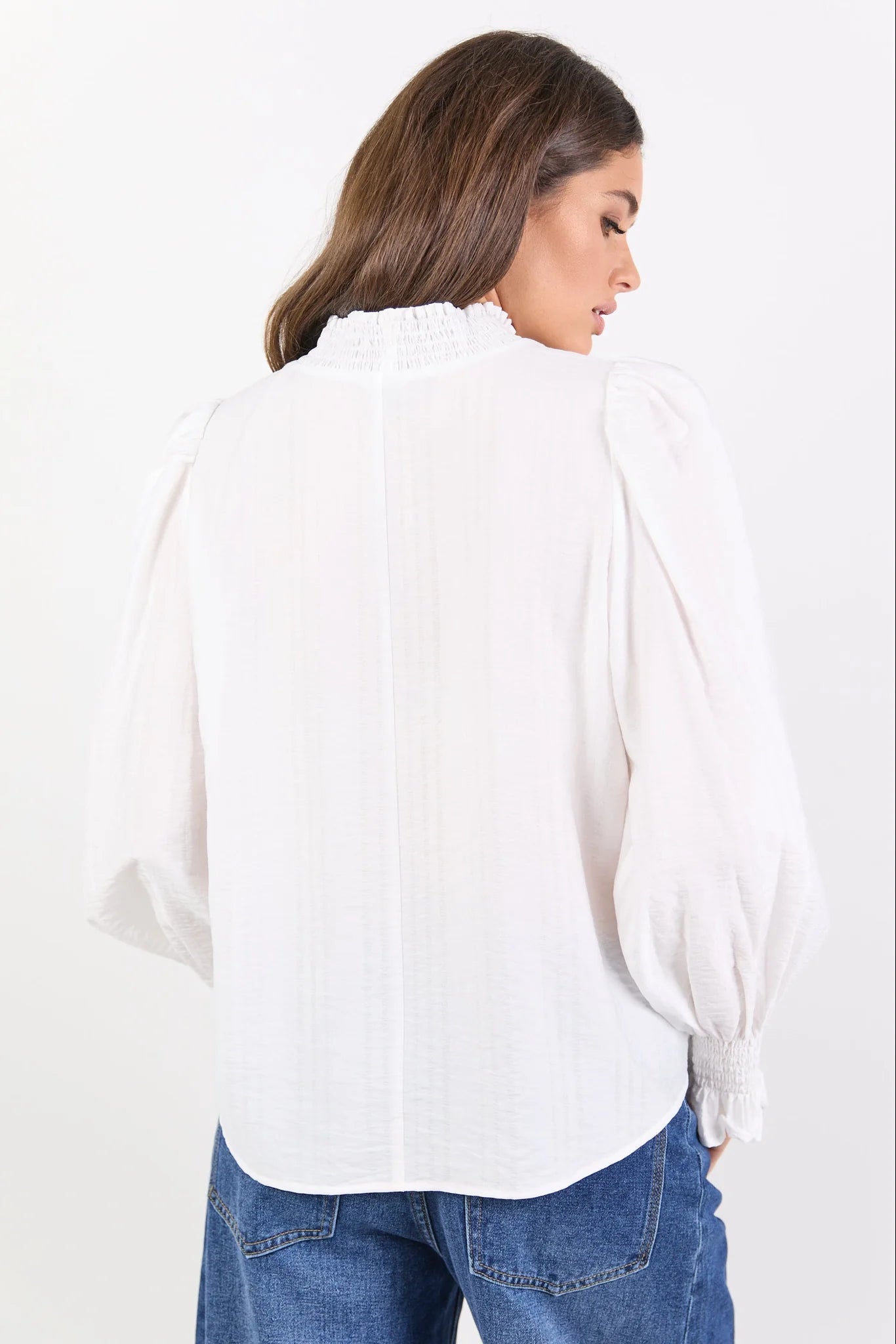 Embrace Ivory Self Stripe Shirred Neck LS Top