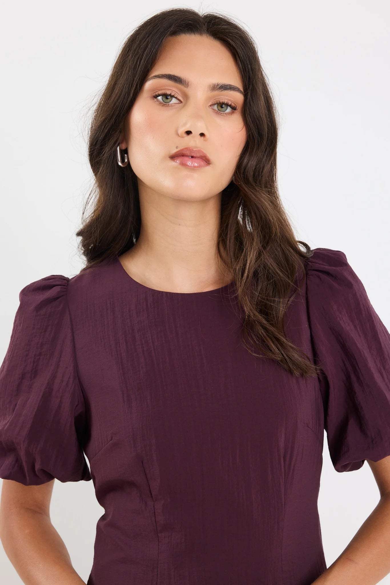 Elder Plum Short Puff Sleeve Tie Midi Dress