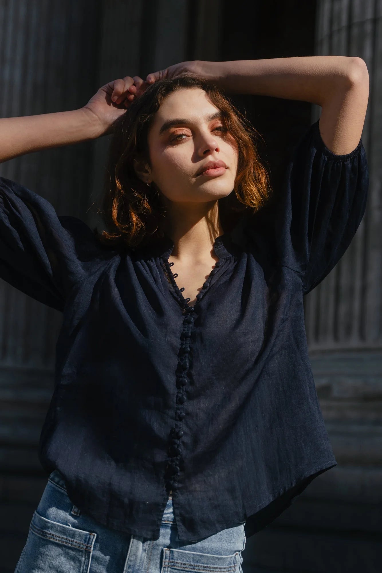 Continuance Navy Ramie High Neck Buttoned SS Top