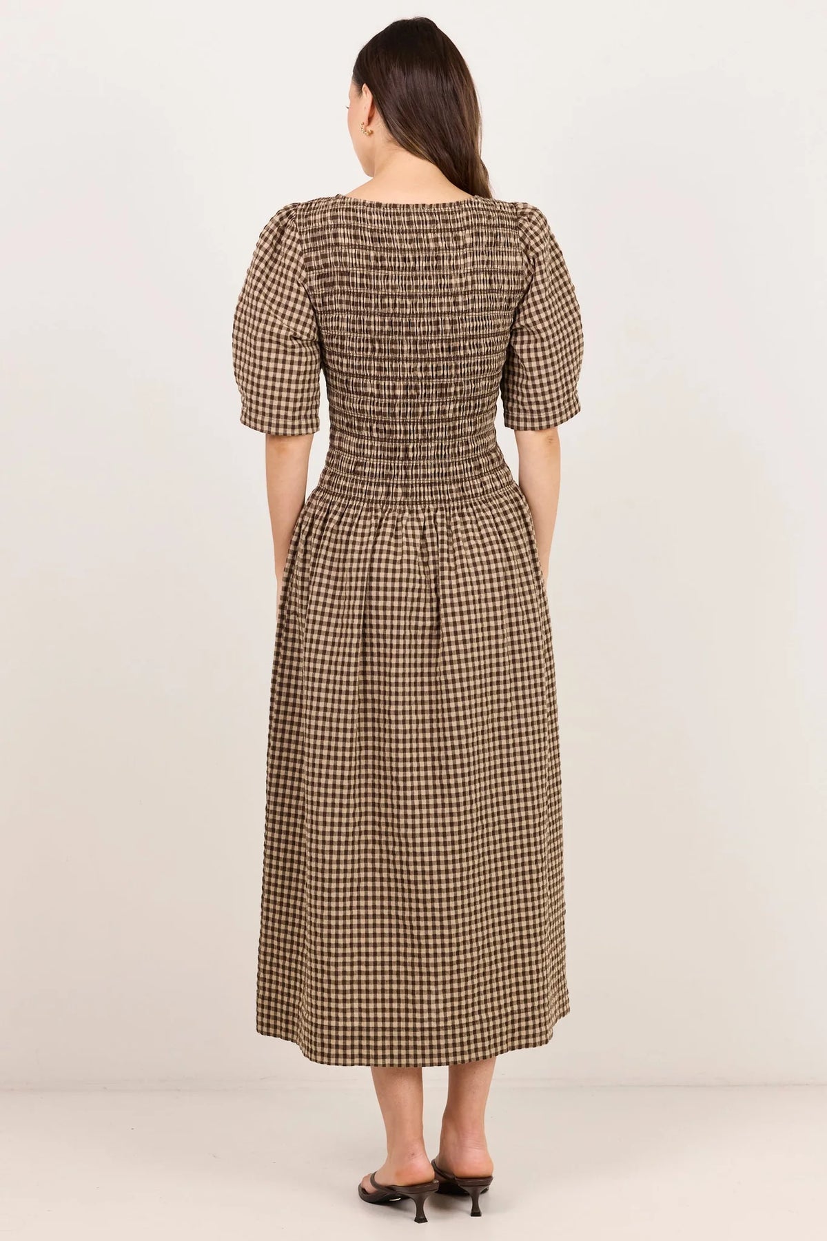 Nest Chocolate Gingham SS Shirred Bodice Midi Dress