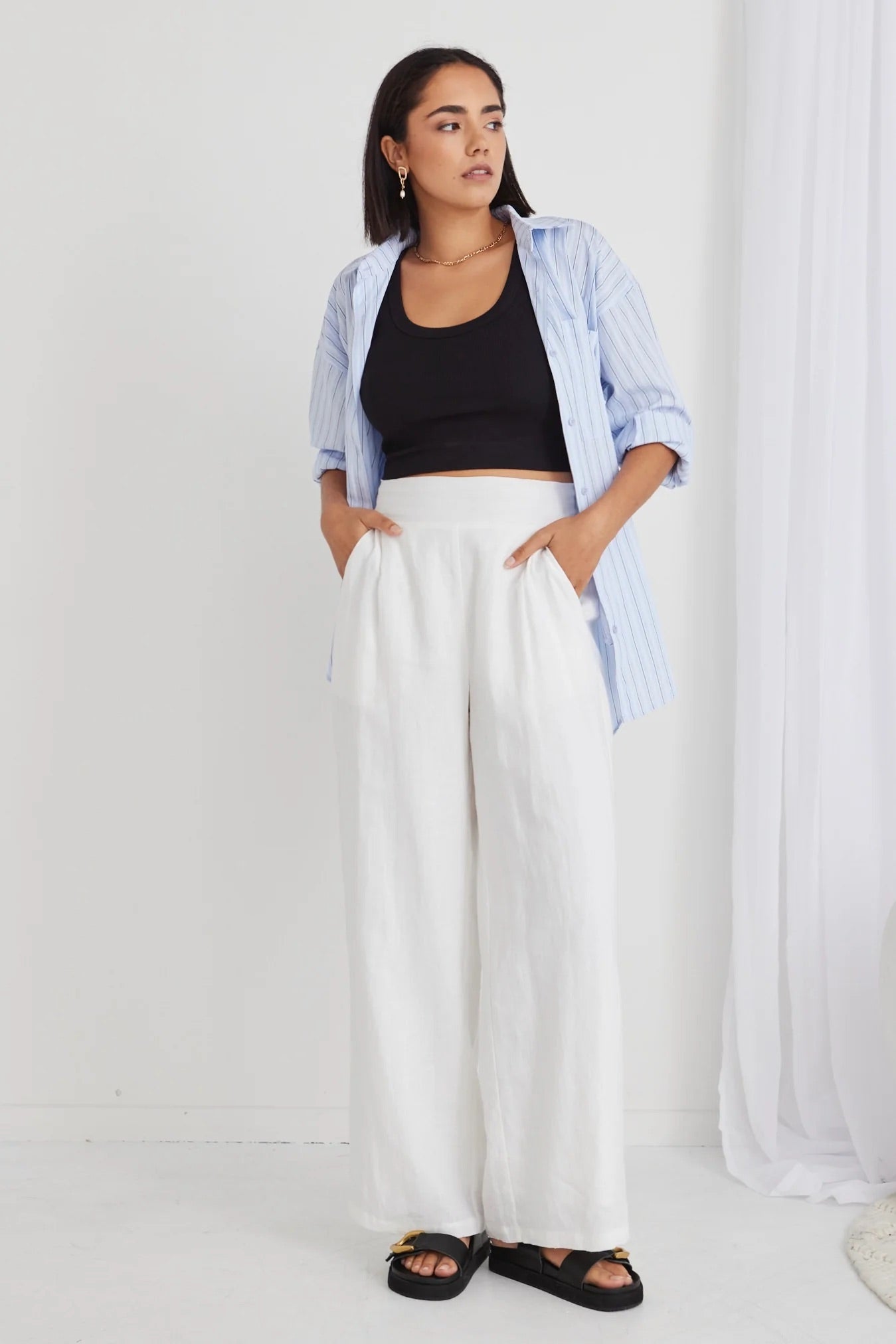 Guardian White Linen Pleat Front Wide Leg Pant