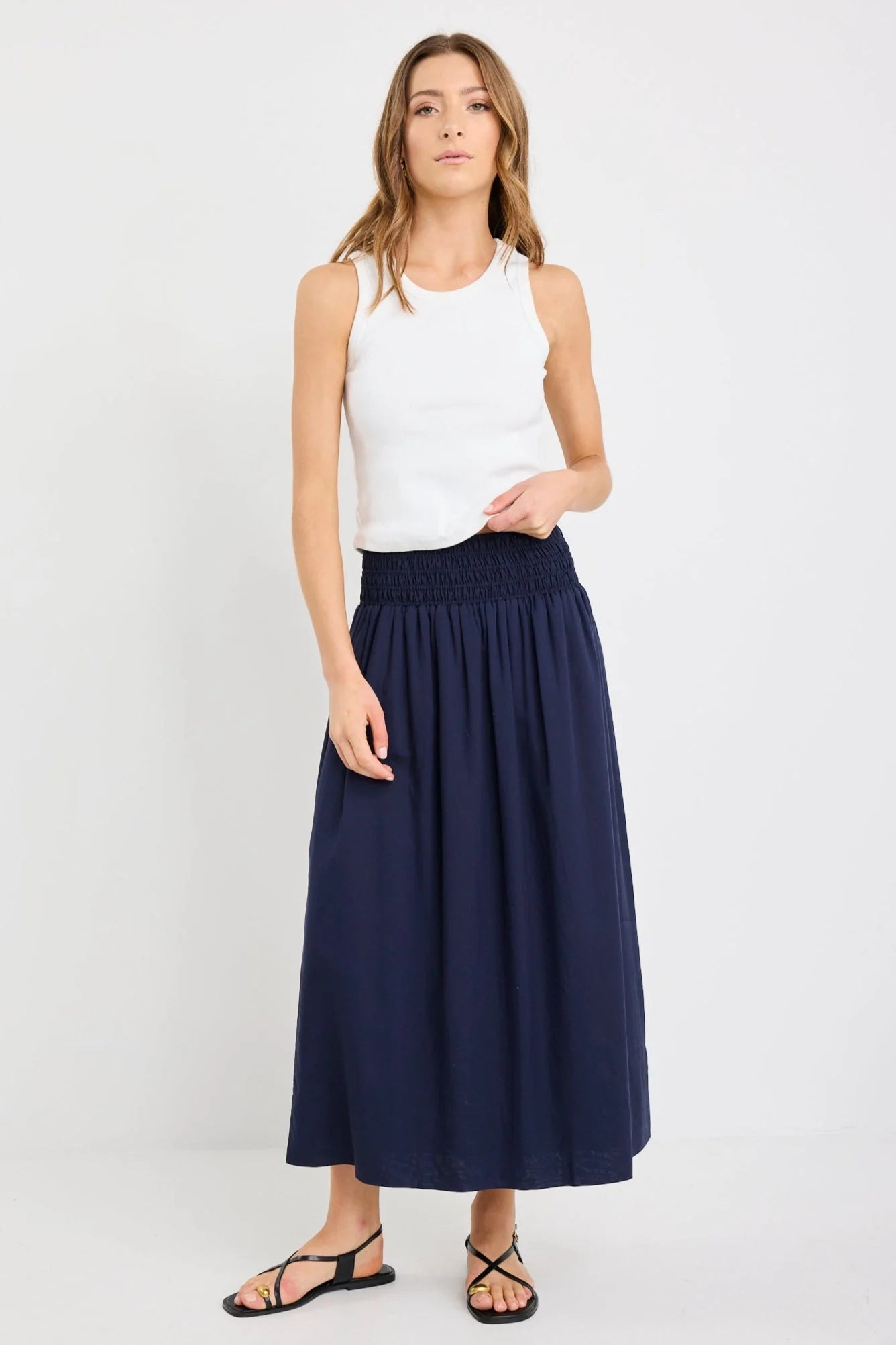 Wanderlust Navy linen blend shirred waist maxi skirt