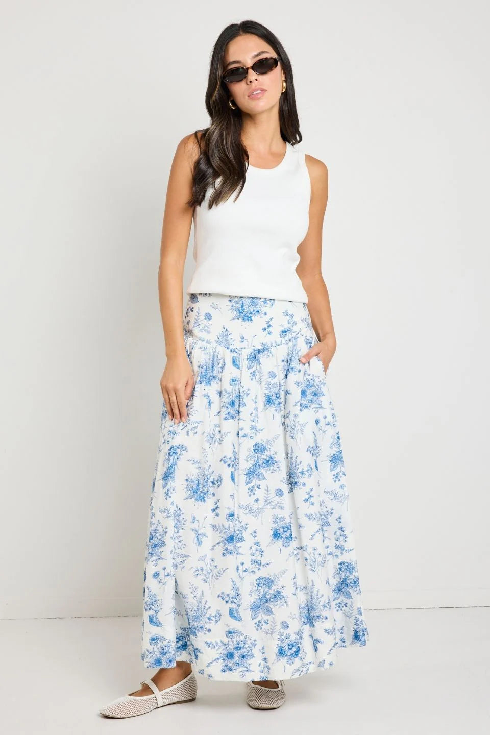 Affinity Porcelain Print Shirred Back Tiered Maxi Skirt