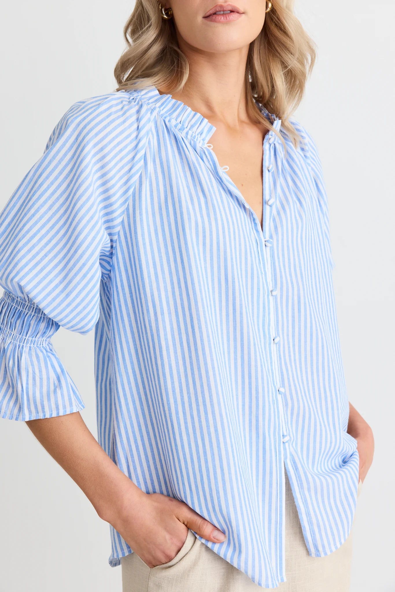 Noetic Blue Stripe Short Sleeve Blouse