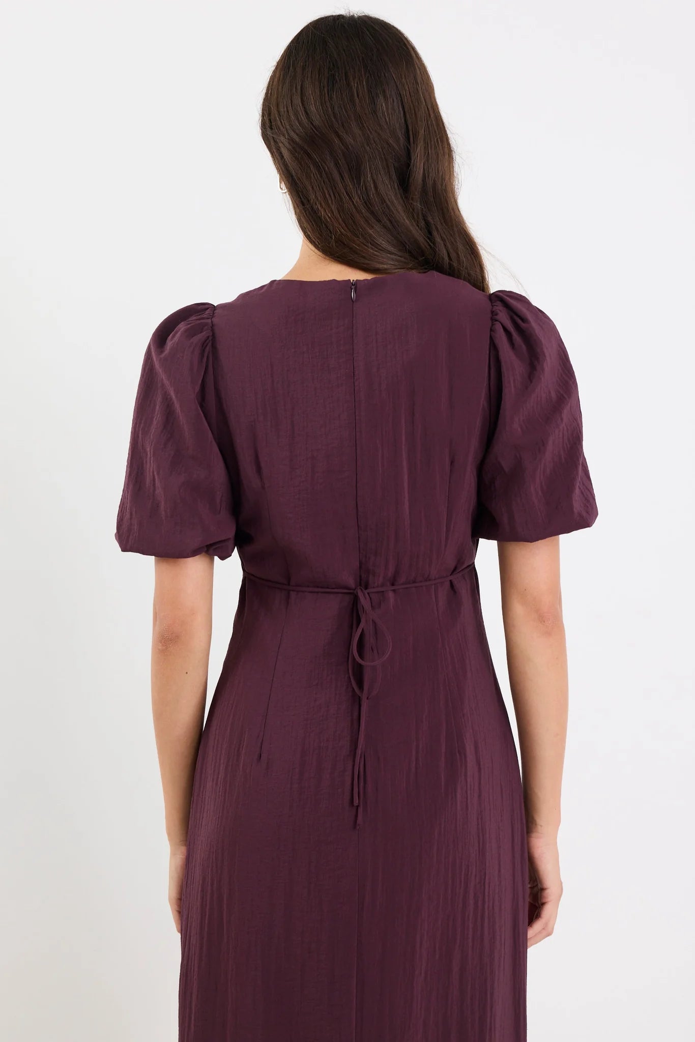 Elder Plum Short Puff Sleeve Tie Midi Dress