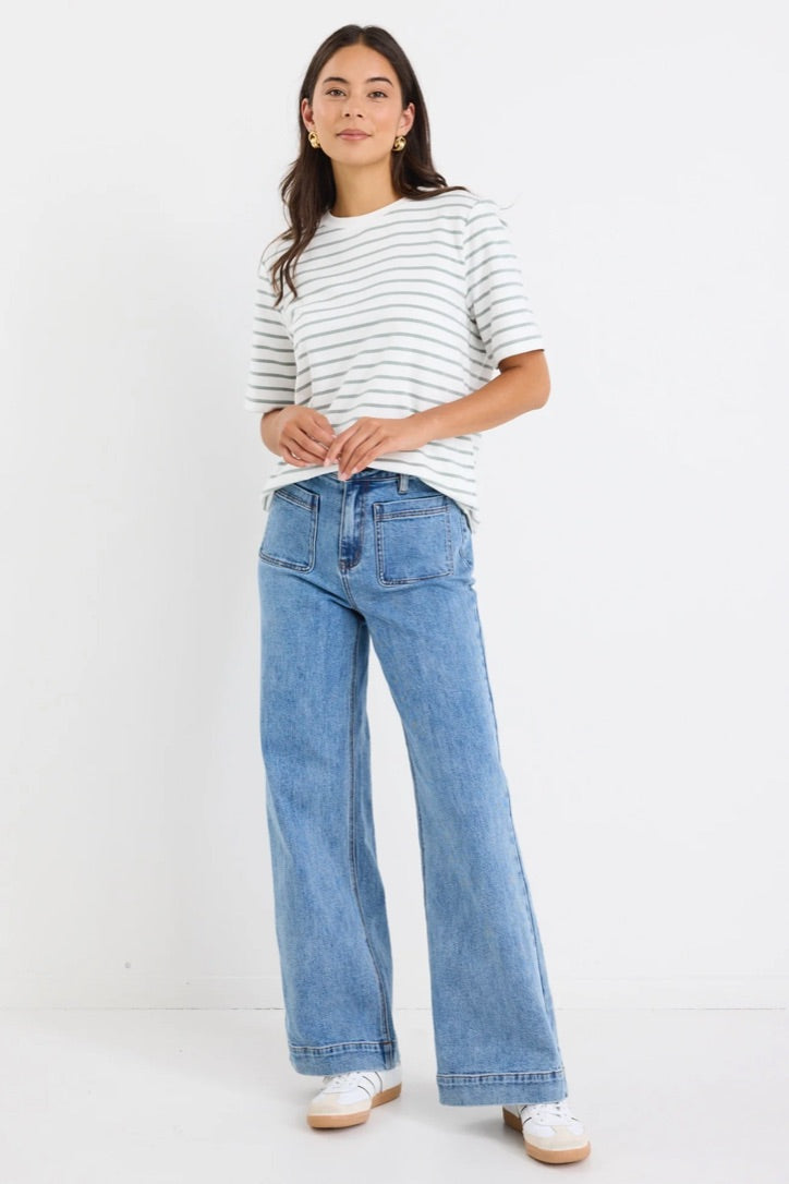 Binding Khaki White Stripe Boxy Fit Tee