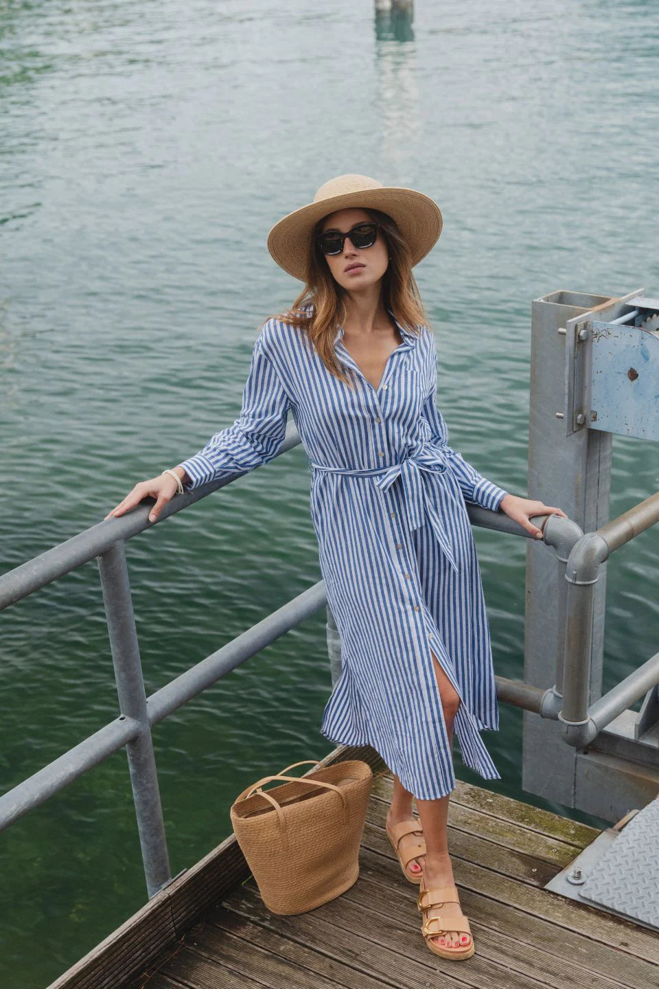 Forward Blue Stripe Cotton Midi Shirt Dress