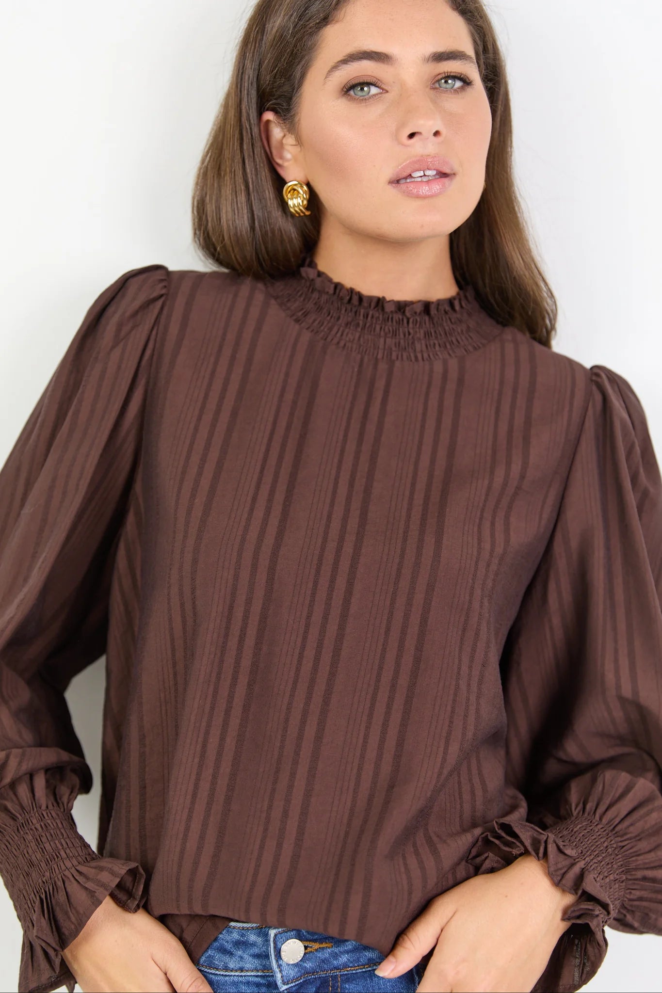 Embrace Chocolate Self Stripe Shirred Neck LS Top