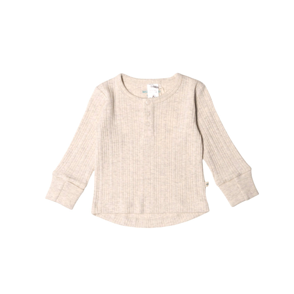 Woolbabe Merino/Organic Cotton Long Sleeve Henley Top - Natural Marl