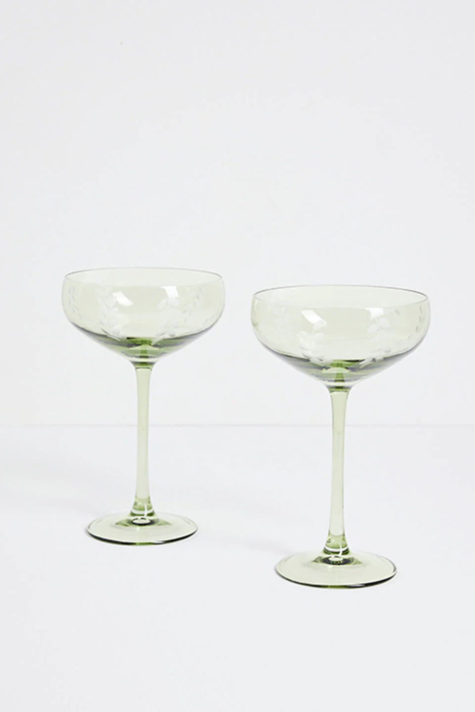 Olive Green Etched Leaf Set 2 Coupe Cocktail Glasses