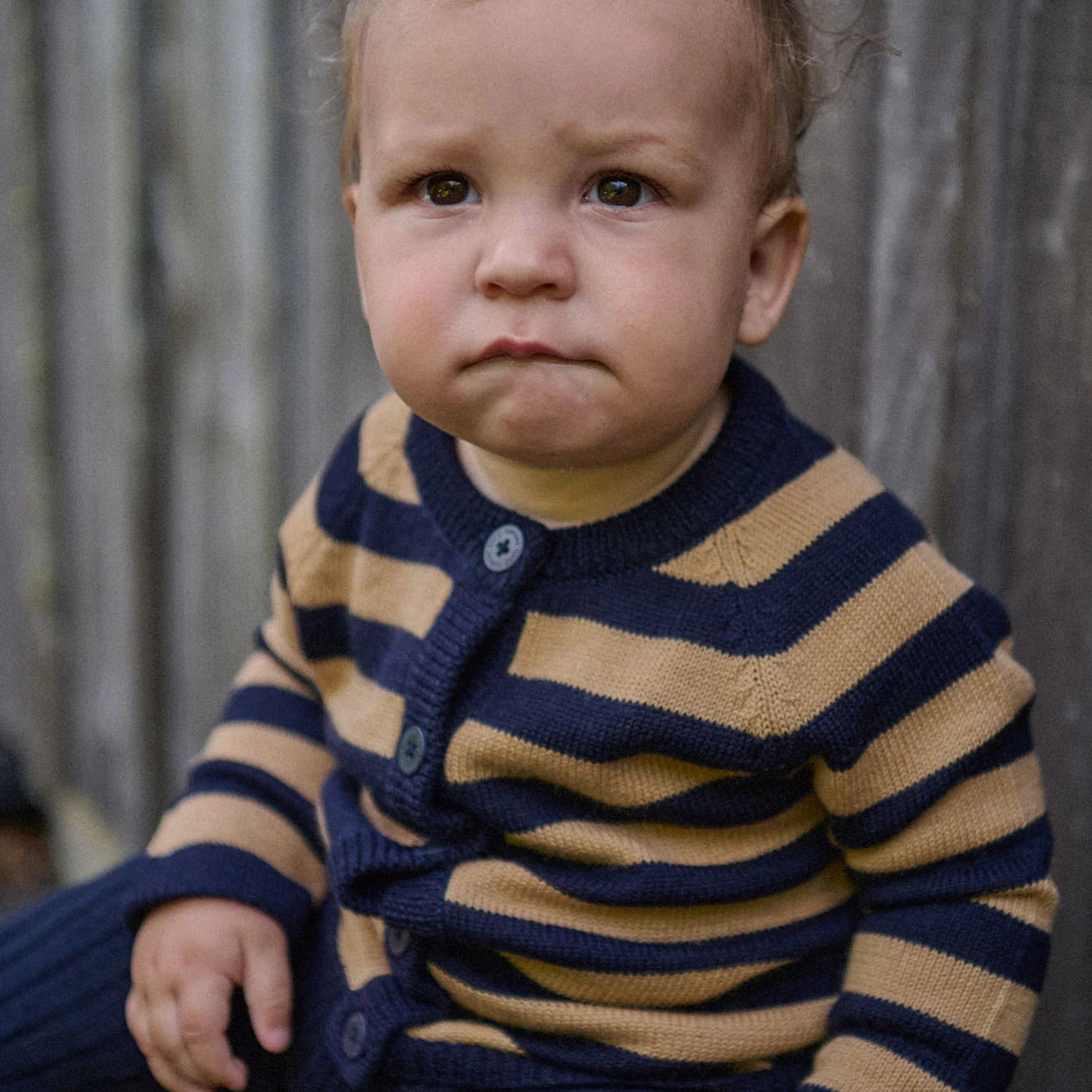 Merino knit cardigan - Navy/Caramel stripe