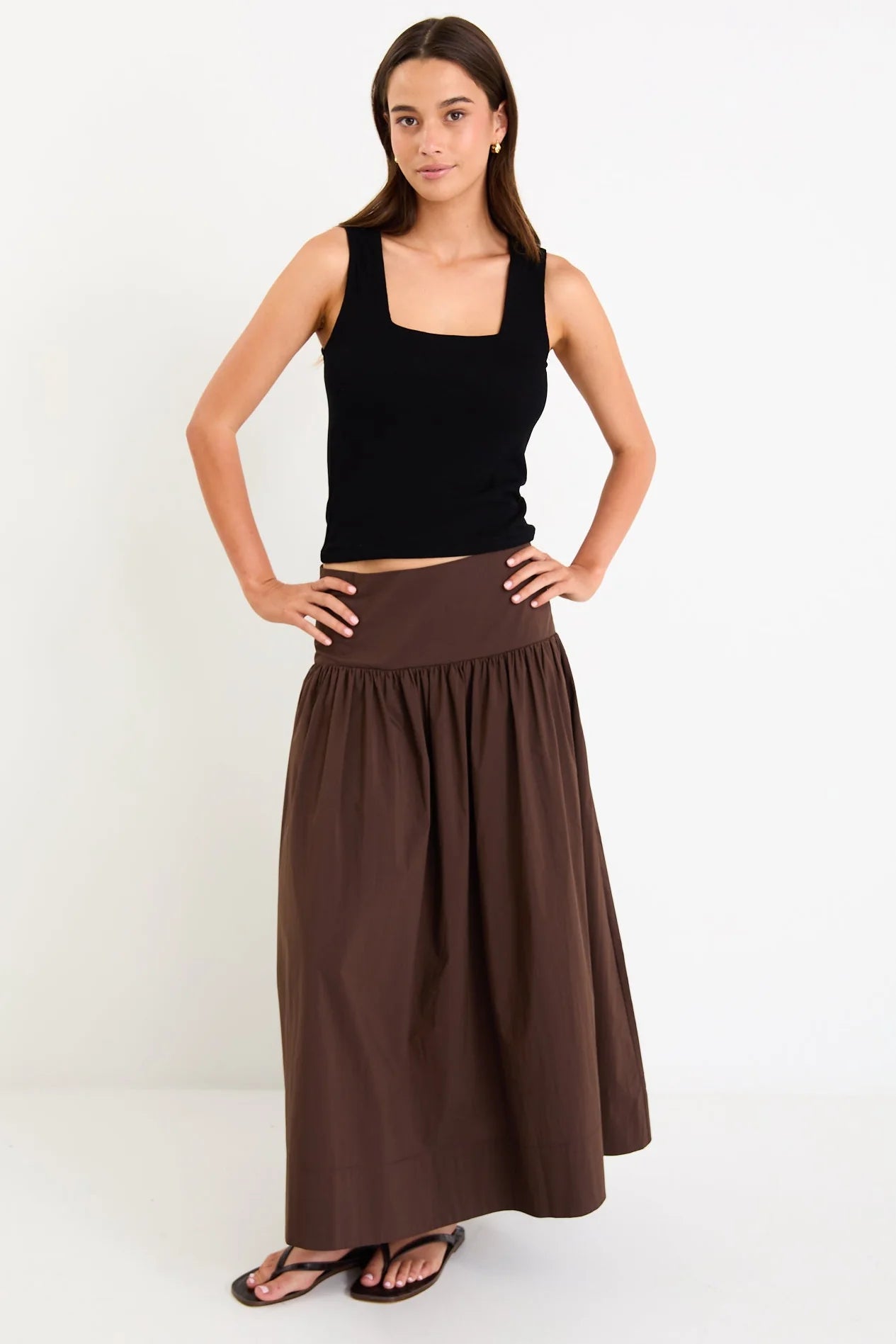 Affinity Chocolate Shirred Back Tiered Maxi Skirt