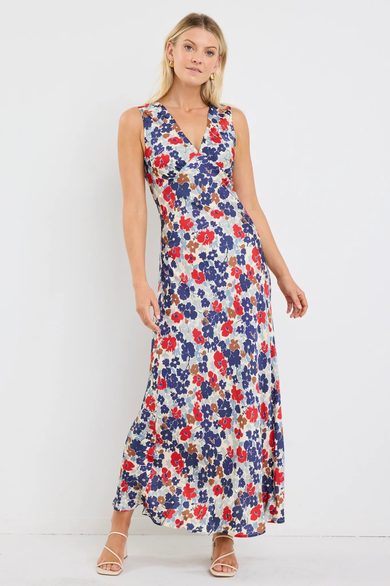 Aston Blue Red Poppy Satin Bias Flared Maxi Dress
