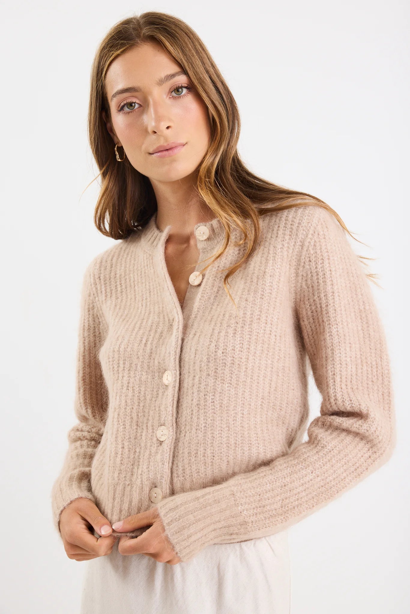 Highlight Biscuit Mohair Blend Crewneck Cardigan