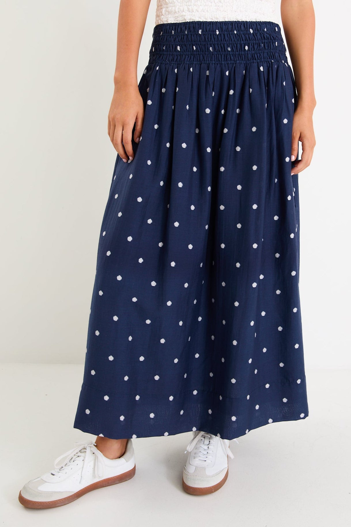 Wanderlust Navy Polka Dot Shirred Waist Maxi Skirt